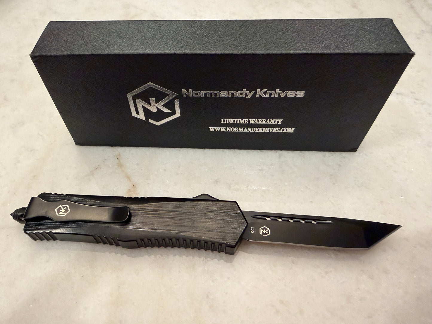 Normandy Nocturna NS Tanto D2X Medium OTF Knife - Black Titanium Plated