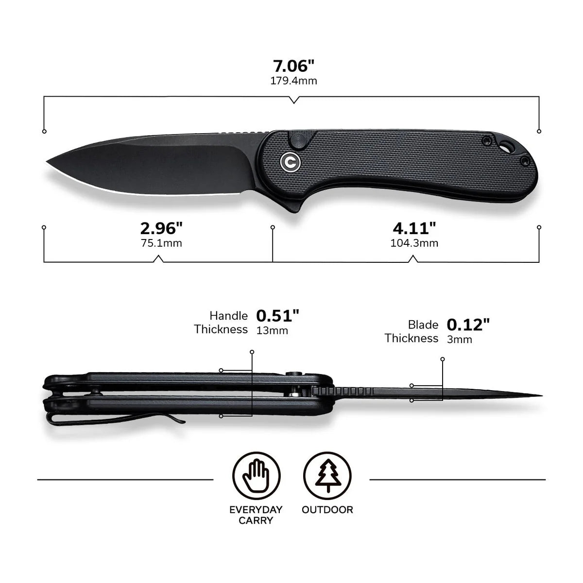 CIVIVI Button Lock Elementum II - Black G10 Handle / Black Stonewashed Nitro-V Blade (C18062P-1)