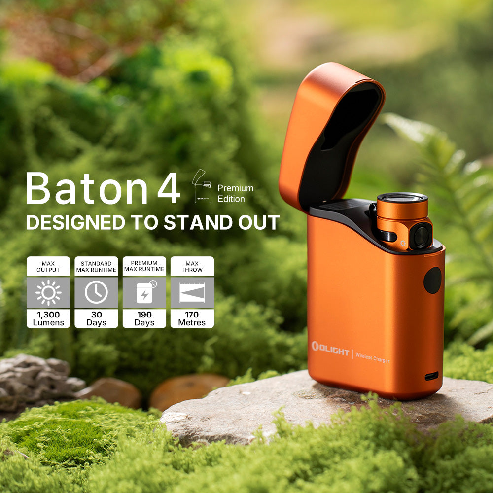 Olight Baton 4 Premium Edition EDC Flashlight - Orange | 1300 Lumens with Charging Case