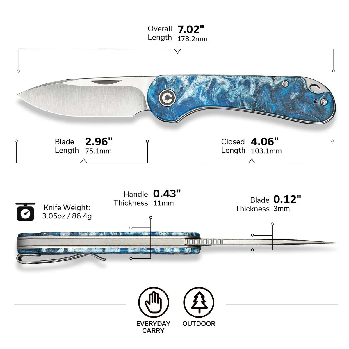 CIVIVI Elementum Slip Joint Knife - Blue Ocean Resin Handle / Satin 14C28N Blade (C18062AJ-4)