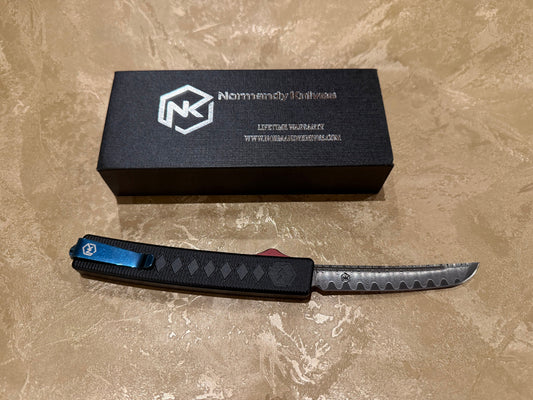 Normandy Shogun OTF Knife - 3.5" Curved Damascus VG-10 Automatic (Black)