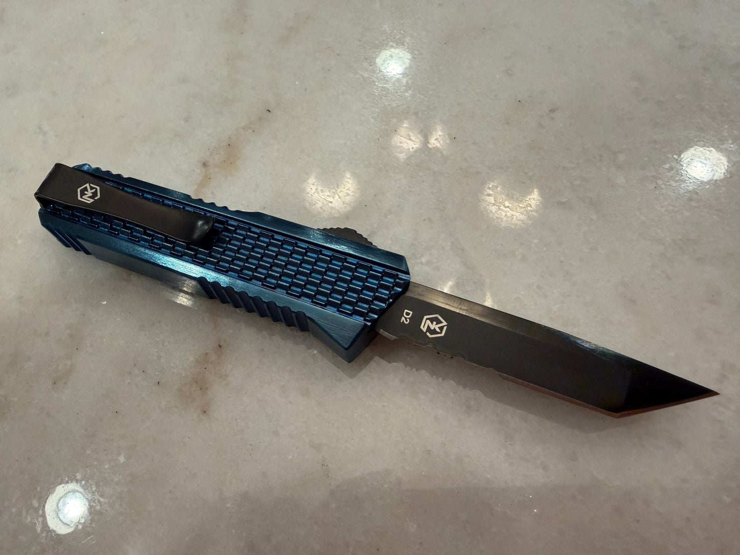 Normandy Small Crusader V2 OTF Serrated Tanto D2 - Blue on Black