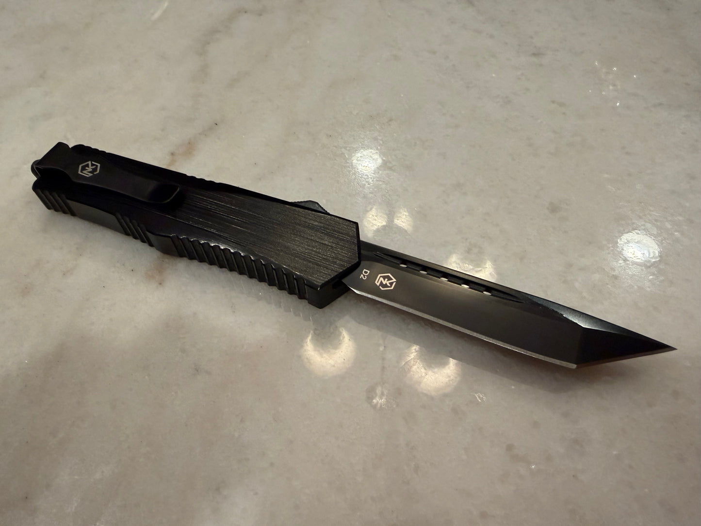 Normandy Nocturna NS Tanto D2X Medium OTF Knife - Black Titanium Plated