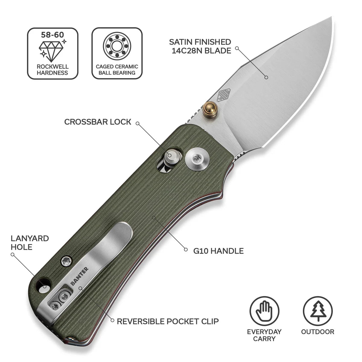 CIVIVI Baby Banter 2 TG Crossbar Lock Knife - Green/Red G10 Handle / Satin 14C28N Modified Clip Point Blade (C24074-1)