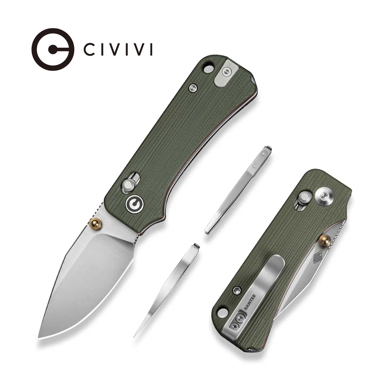 CIVIVI Baby Banter 2 TG Crossbar Lock Knife - Green/Red G10 Handle / Satin 14C28N Modified Clip Point Blade (C24074-1)