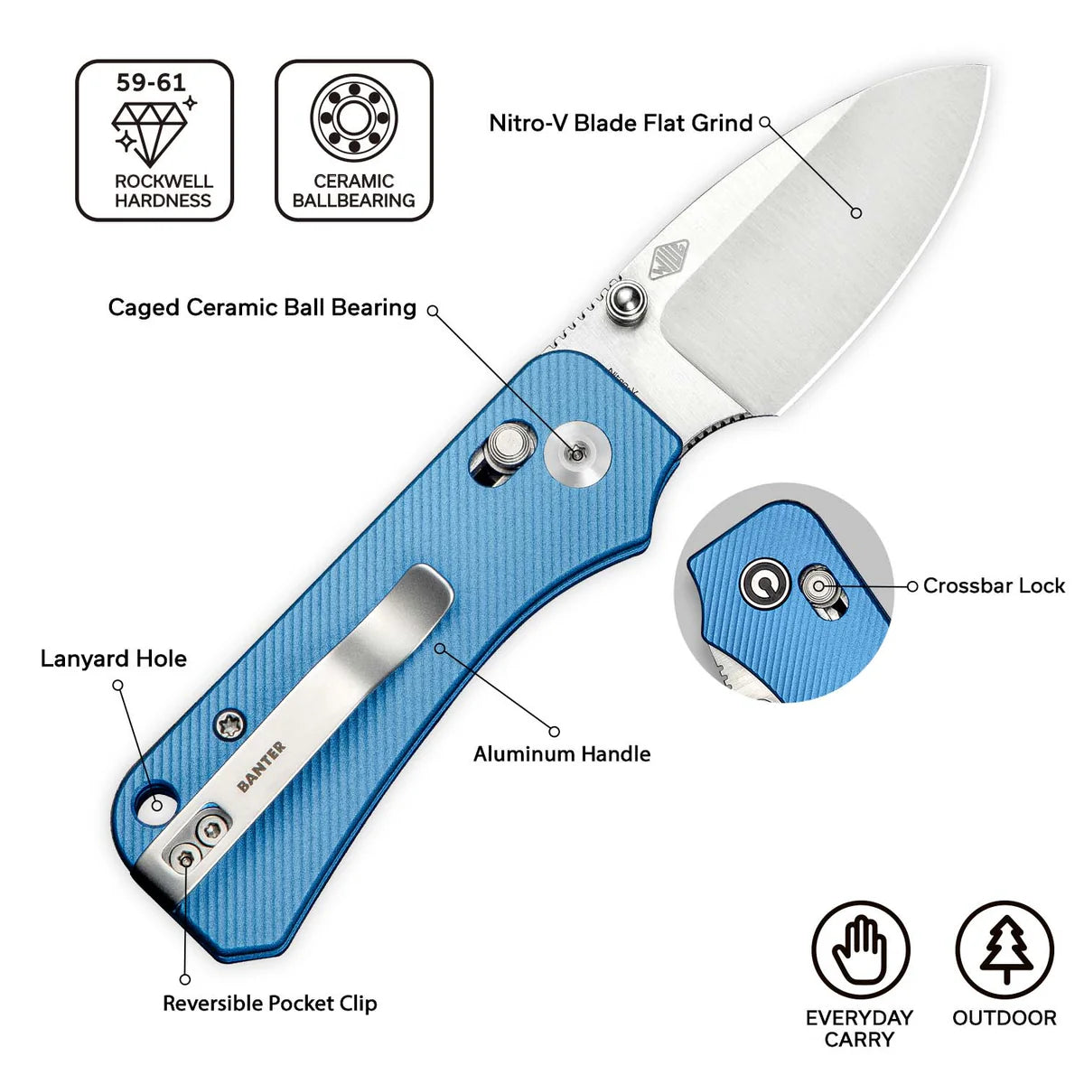 CIVIVI Baby Banter 2 Crossbar Lock Knife - Blue Aluminum Handle / Satin Nitro-V Blade (C23074-1)
