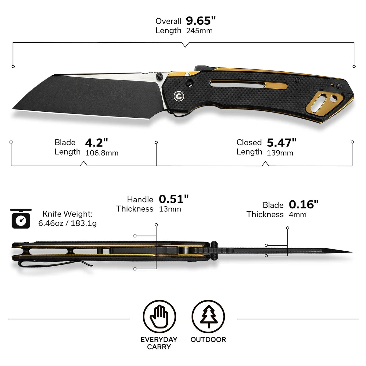 CIVIVI Buster FG Superlock Knife - Black G10 Handle / Black Stonewashed & Satin Nitro-V Blade (C24052-1)