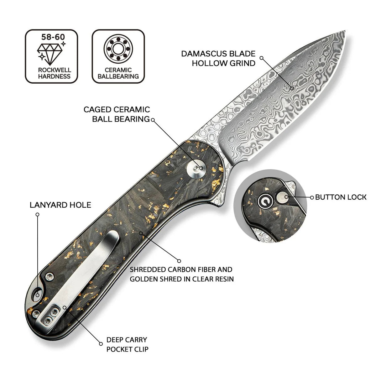 CIVIVI Button Lock Elementum II - Shredded Carbon Fiber & Golden Shred Resin Handle / Damascus Blade (C18062P-10)