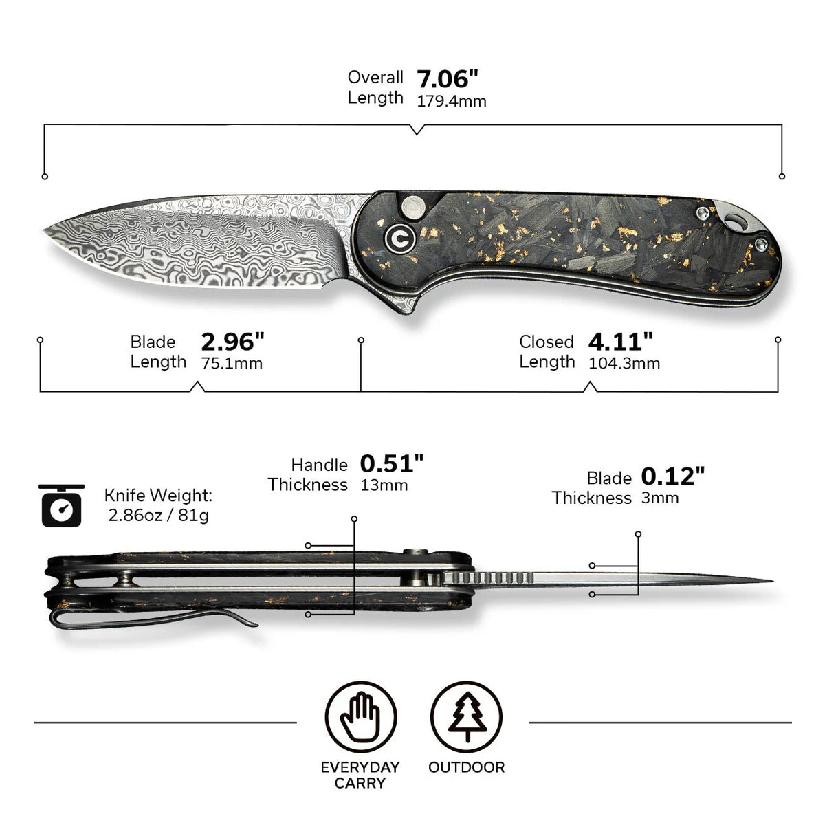 CIVIVI Button Lock Elementum II - Shredded Carbon Fiber & Golden Shred Resin Handle / Damascus Blade (C18062P-10)
