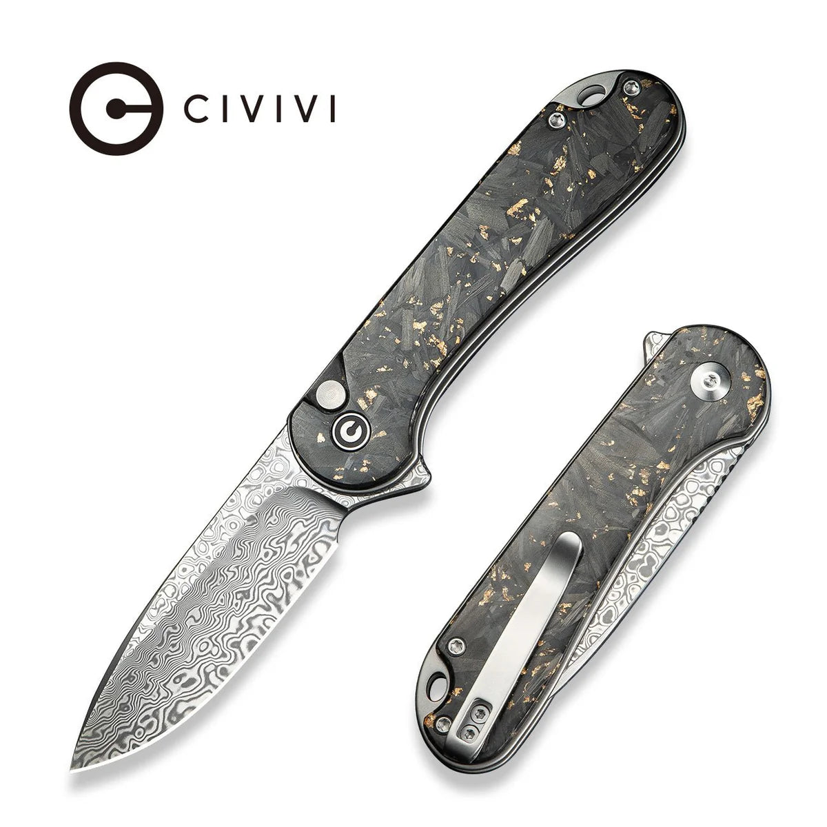 CIVIVI Button Lock Elementum II - Shredded Carbon Fiber & Golden Shred Resin Handle / Damascus Blade (C18062P-10)