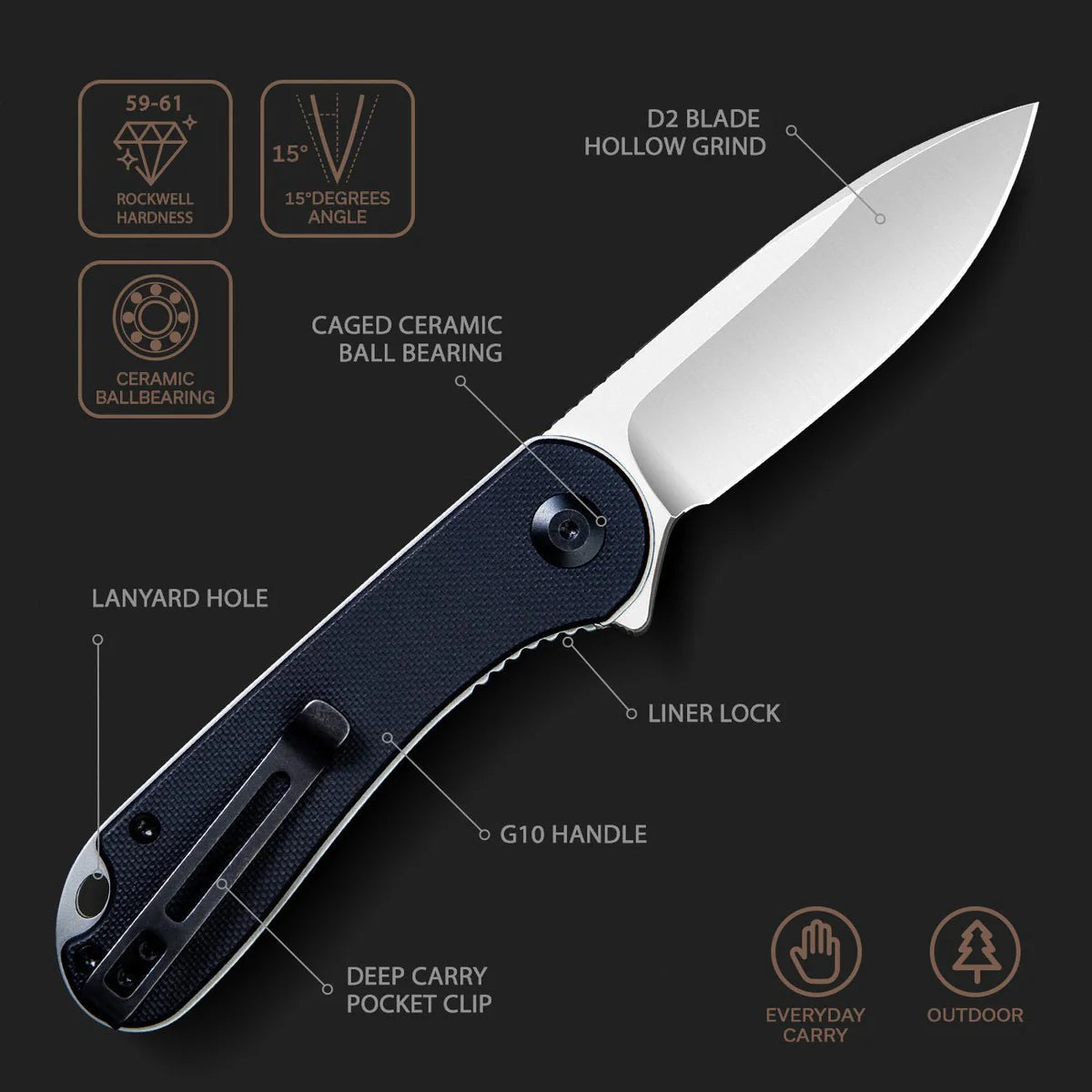 CIVIVI Elementum Flipper Knife - Black G10 Handle / Satin D2 Drop Point Blade (C907A)