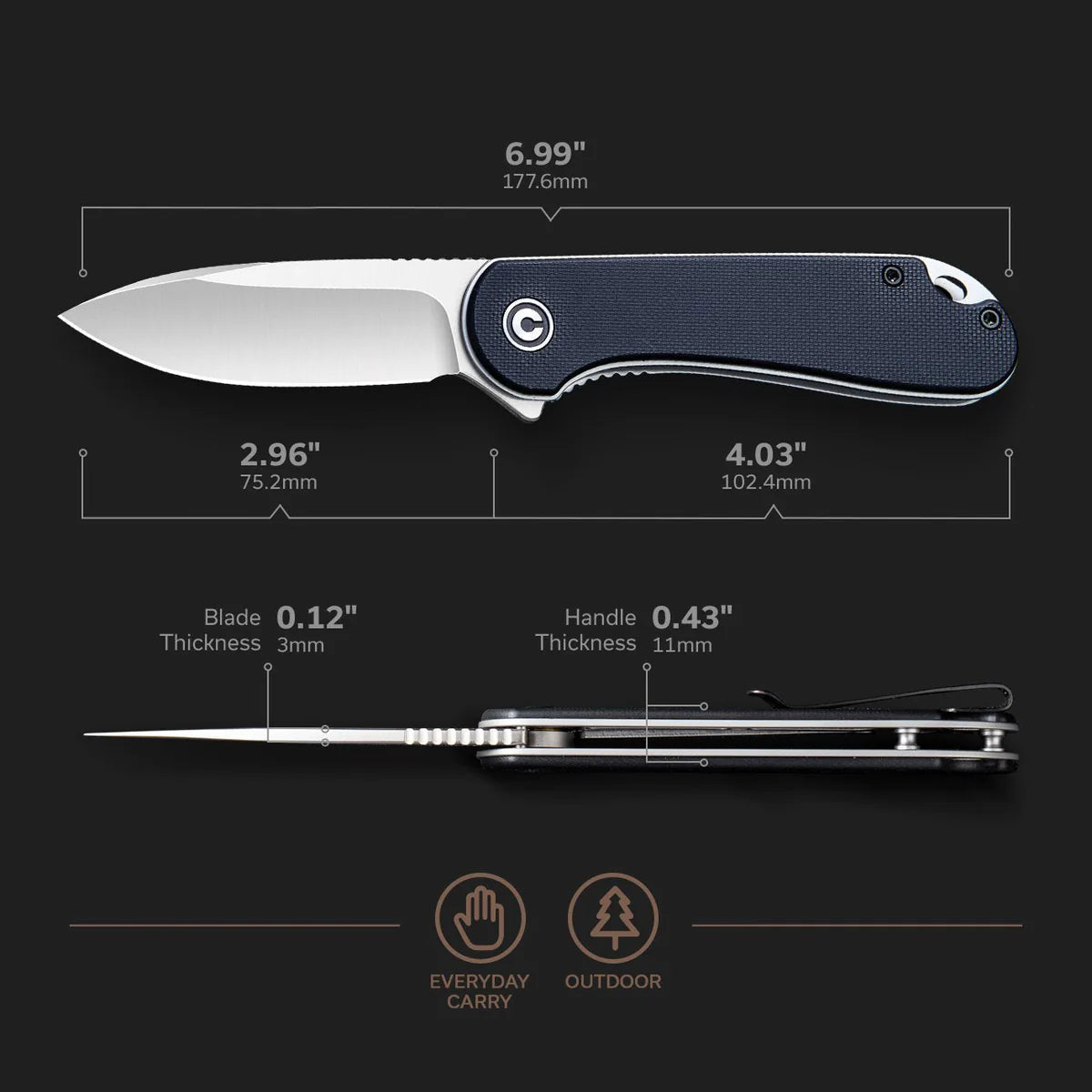 CIVIVI Elementum Flipper Knife - Black G10 Handle / Satin D2 Drop Point Blade (C907A)