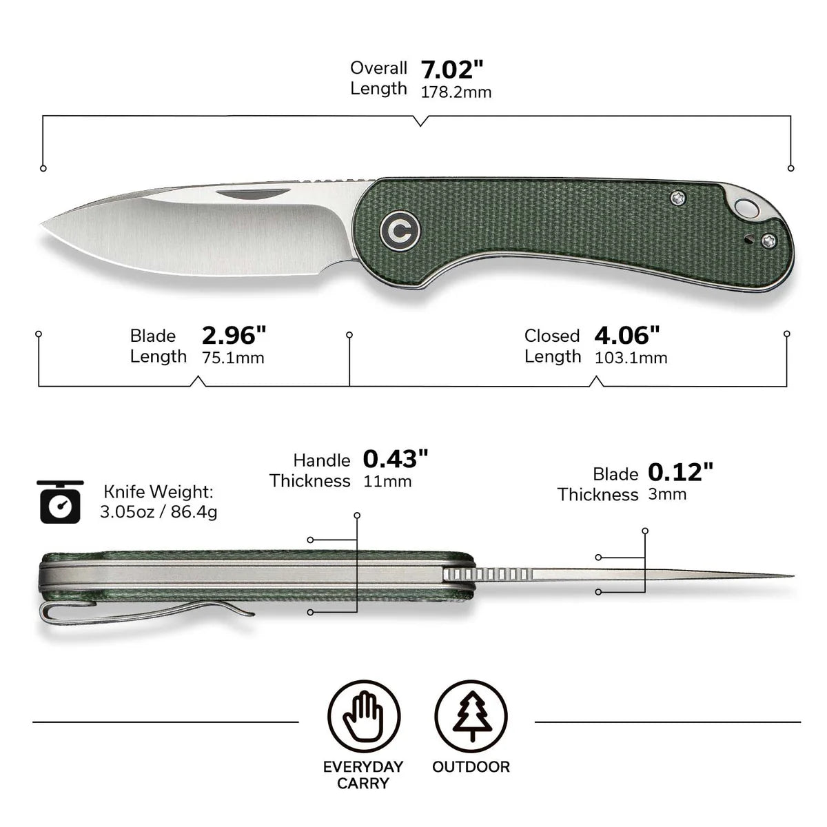 CIVIVI Elementum Slip Joint Knife - Green Canvas Micarta Handle / Satin 14C28N Blade (C18062AJ-2)