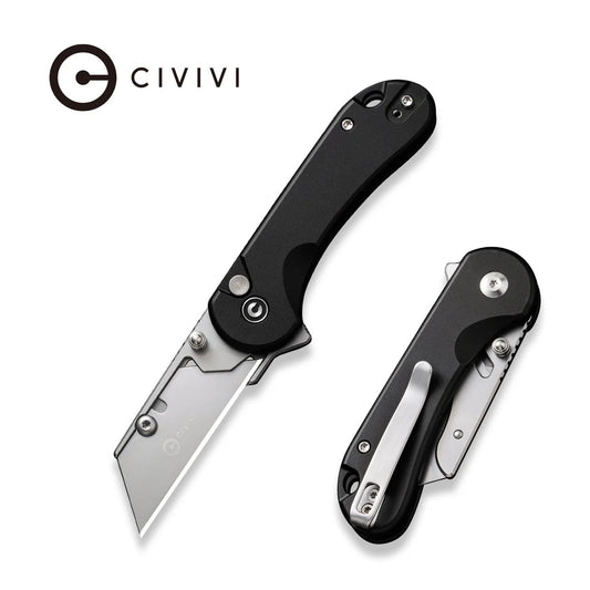 CIVIVI Elementum Utility Button Lock Knife - Black Aluminum Handle / 6Cr13 Interchangeable Blade (C23039B-1)