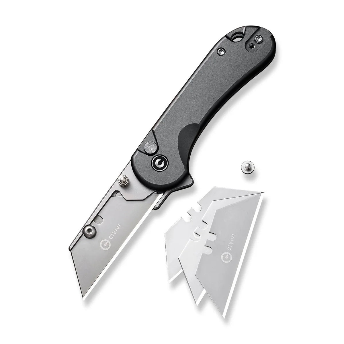 CIVIVI Elementum Utility Button Lock Knife - Gray Aluminum Handle / 6Cr13 Interchangeable Blade (C23039B-4)