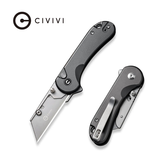CIVIVI Elementum Utility Button Lock Knife - Gray Aluminum Handle / 6Cr13 Interchangeable Blade (C23039B-4)