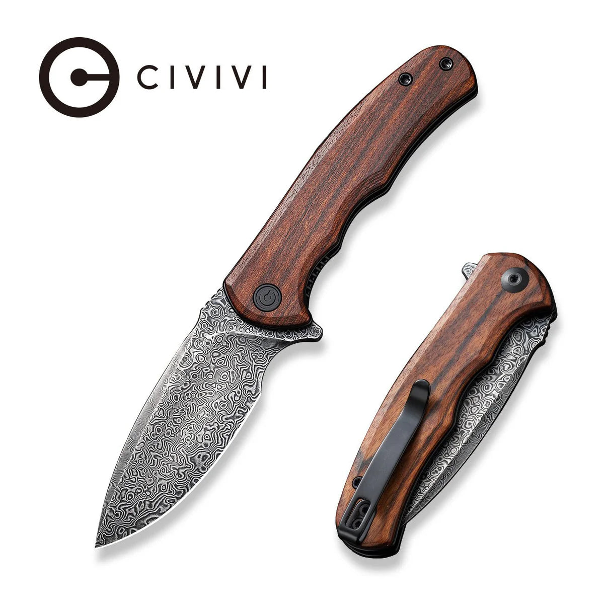 CIVIVI Mini Praxis Flipper Knife - Guibourtia Wood Handle / Damascus Blade (C18026C-DS1)