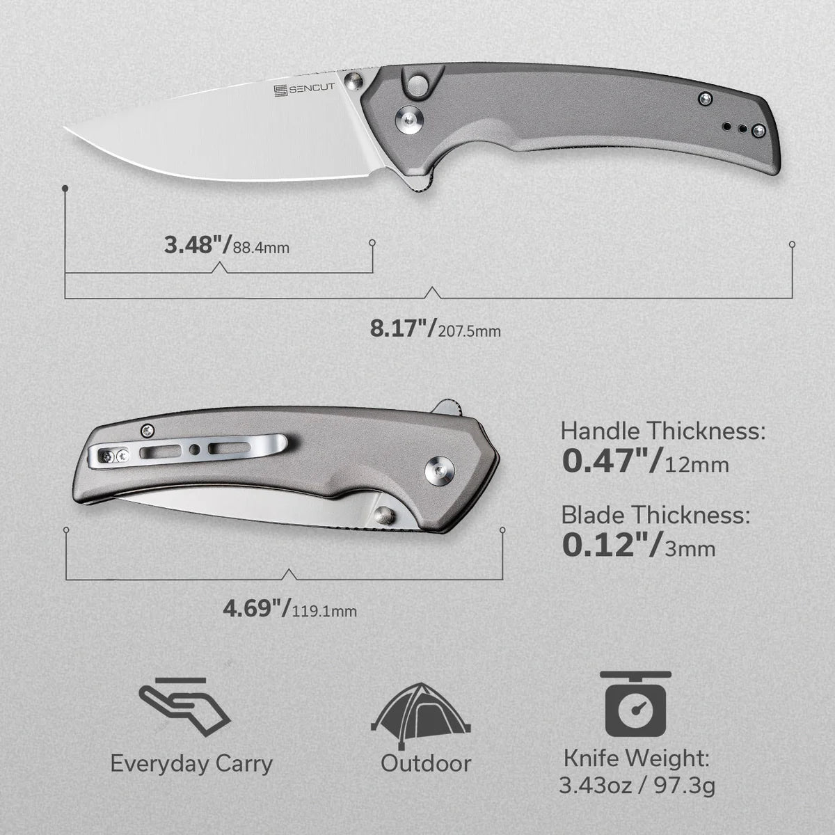 SENCUT Serene Button Lock EDC Knife - Gray Aluminum Handle / Satin D2 Drop Point Blade (S21022B-3)