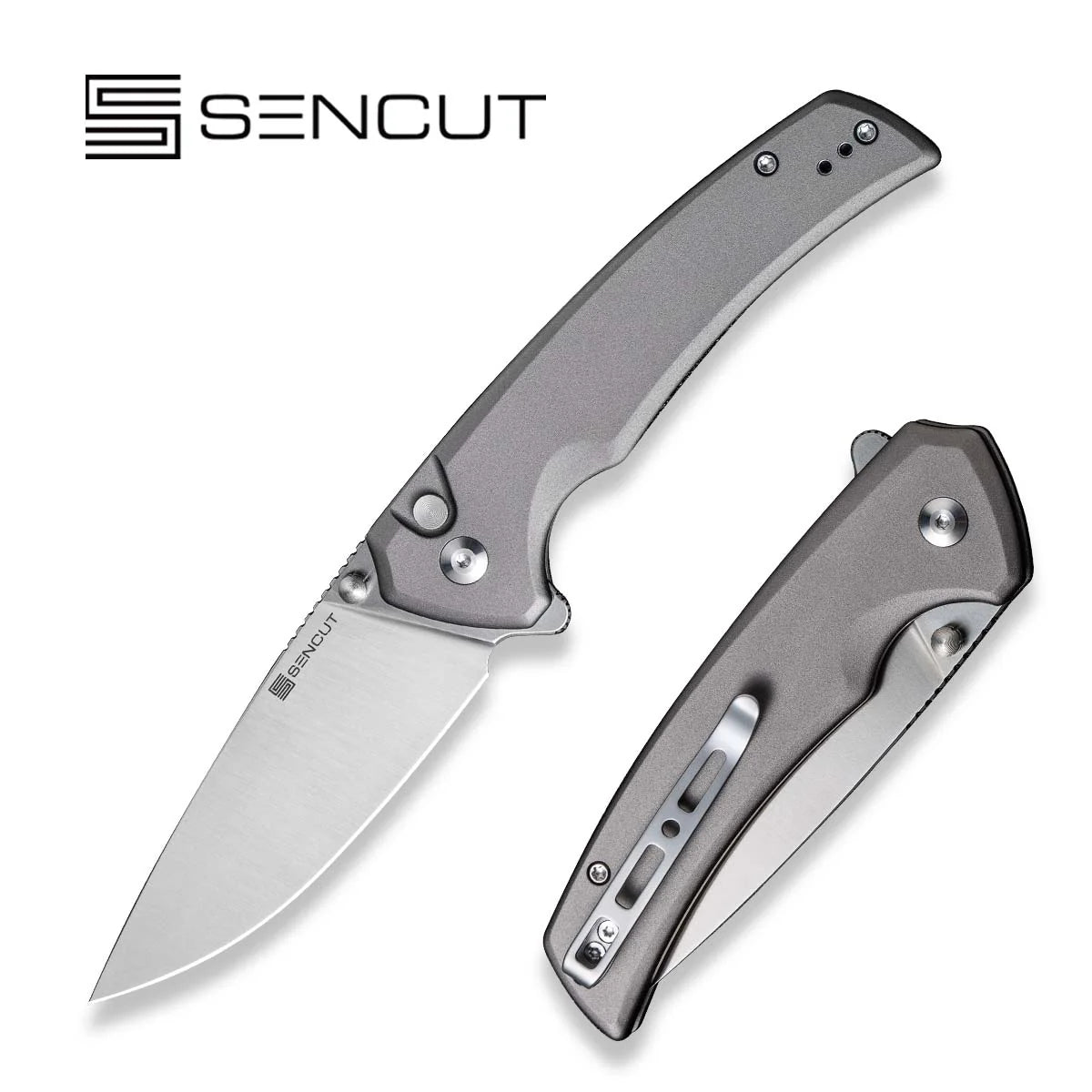 SENCUT Serene Button Lock EDC Knife - Gray Aluminum Handle / Satin D2 Drop Point Blade (S21022B-3)