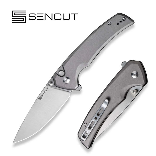 SENCUT Serene Button Lock EDC Knife - Gray Aluminum Handle / Satin D2 Drop Point Blade (S21022B-3)