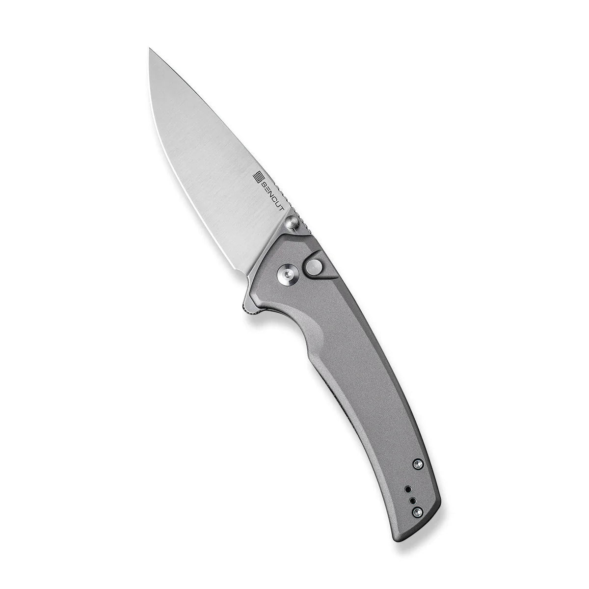 SENCUT Serene Button Lock EDC Knife - Gray Aluminum Handle / Satin D2 Drop Point Blade (S21022B-3)