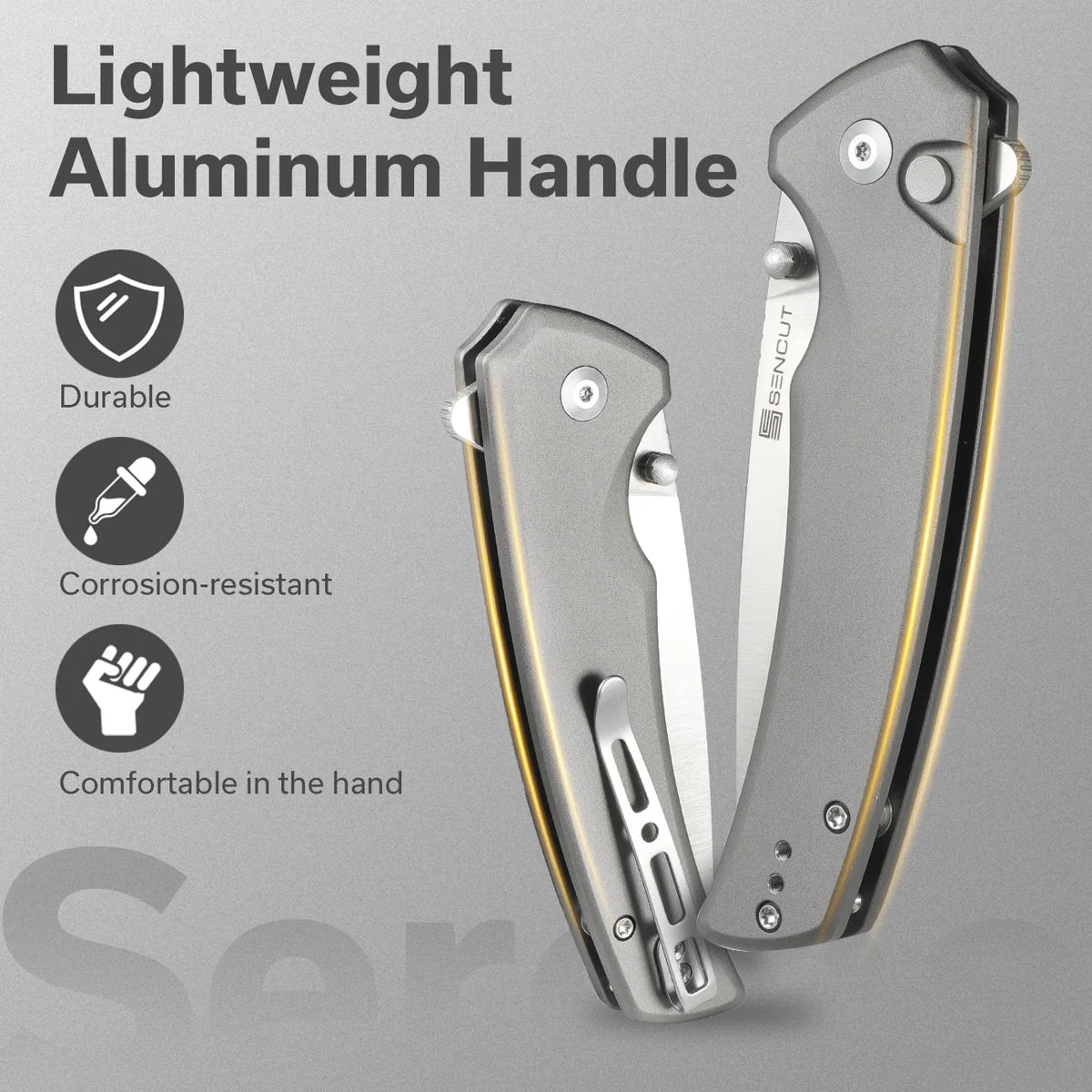 SENCUT Serene Button Lock EDC Knife - Gray Aluminum Handle / Satin D2 Drop Point Blade (S21022B-3)