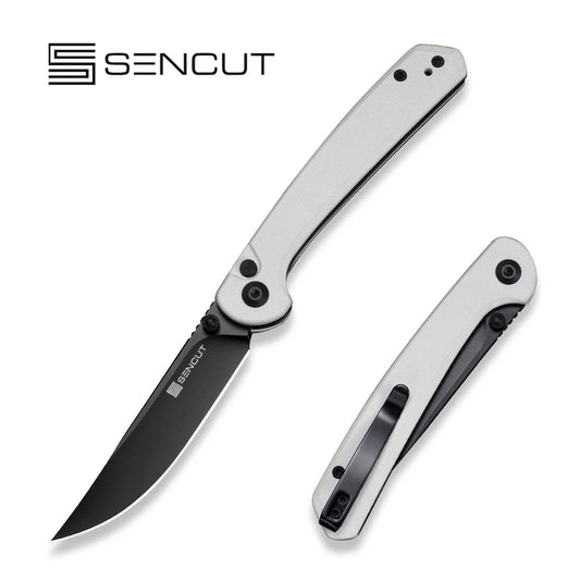SENCUT Skelfin Thumb Stud & Button Lock Knife - White G10 Handle / Black 9Cr18MoV Clip Point Blade (S25007-1)