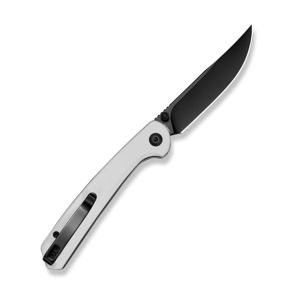 SENCUT Skelfin Thumb Stud & Button Lock Knife - White G10 Handle / Black 9Cr18MoV Clip Point Blade (S25007-1)
