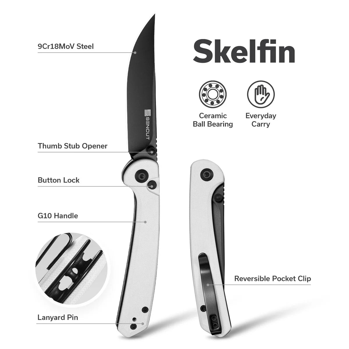 SENCUT Skelfin Thumb Stud & Button Lock Knife - White G10 Handle / Black 9Cr18MoV Clip Point Blade (S25007-1)