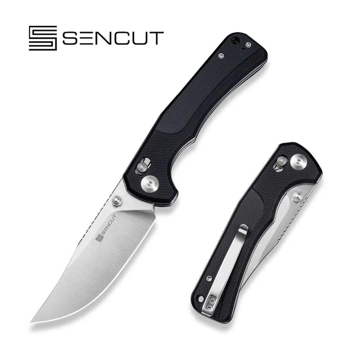 SENCUT Slybolt Crossbar Lock & Thumb Stud Knife - Black G10 Handle / Satin 9Cr18MoV Clip Point Blade (S25001-1)