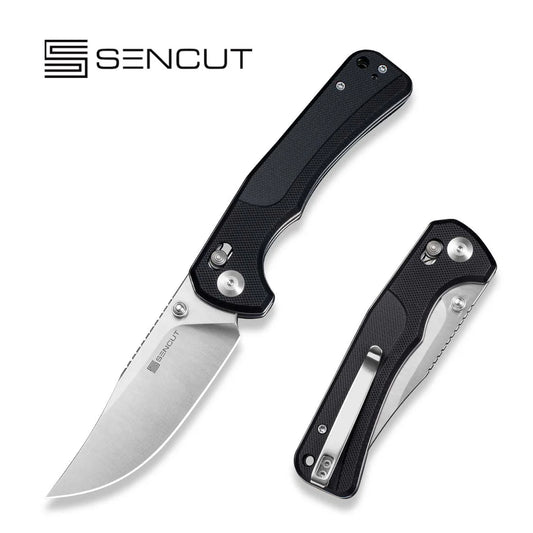 SENCUT Slybolt Crossbar Lock & Thumb Stud Knife - Black G10 Handle / Satin 9Cr18MoV Clip Point Blade (S25001-1)