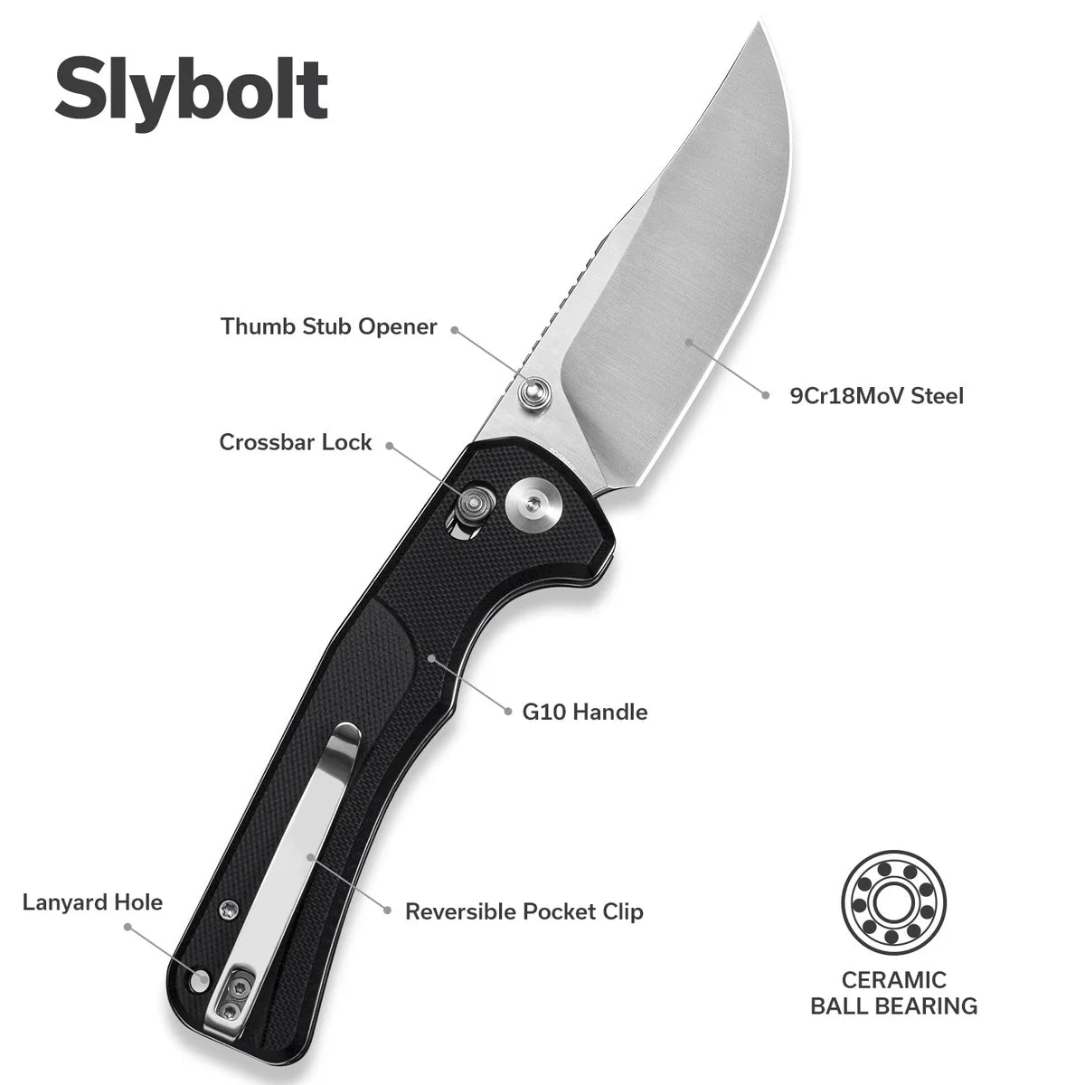 SENCUT Slybolt Crossbar Lock & Thumb Stud Knife - Black G10 Handle / Satin 9Cr18MoV Clip Point Blade (S25001-1)