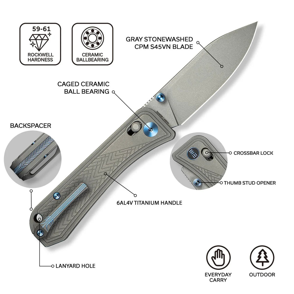 WE Knife Bougie Banter Liner Lock Knife - Gray Titanium Handle with Green Micarta Inlay / Polished Gray CPM 20CV Blade (WE24009-2)